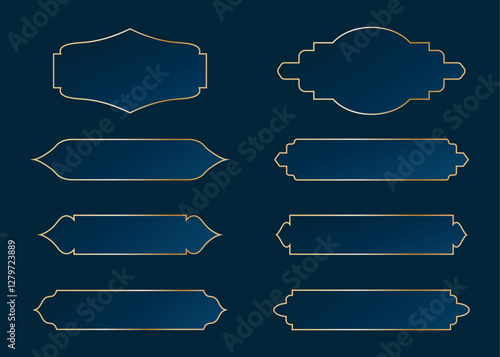 Blue banners and frames with golden borders. Islamic oriental style collection. Vector template set.