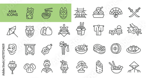 Asian Culture icons. Set of 20 Asian Culture trendy minimal icons. Example: Coin, Lute, Dragon, Sushi, Flower. Design signs for web page, mobile app, packaging design. Vector illustration.