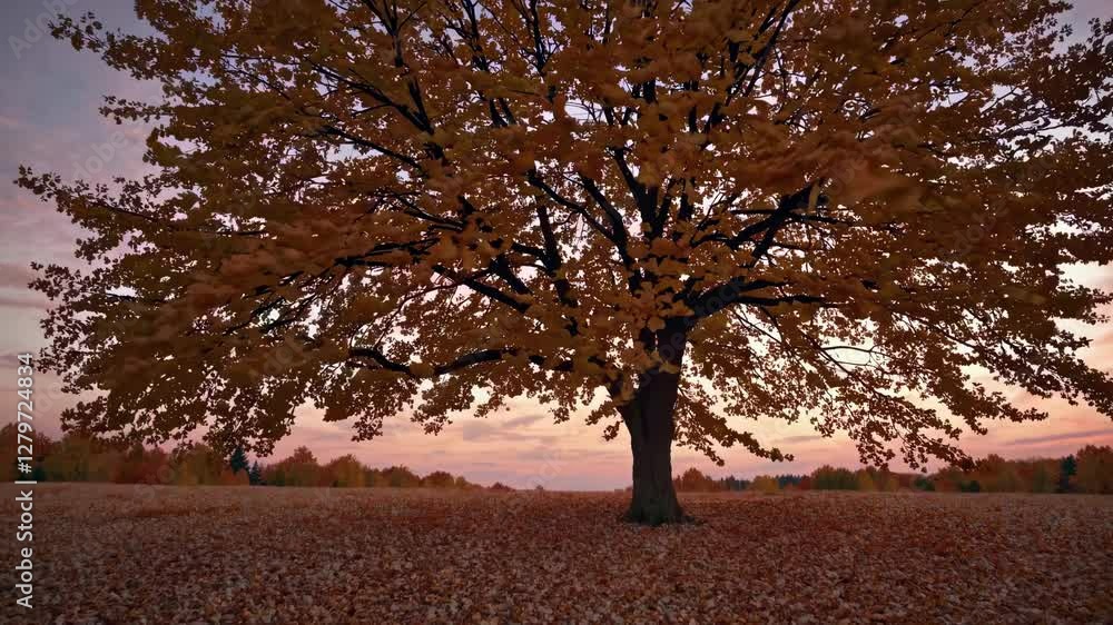 A serene video scene of a lone tree in autumn, captured from a low angle, showcasing vibrant leaves against a soft, pastel sunset sky.