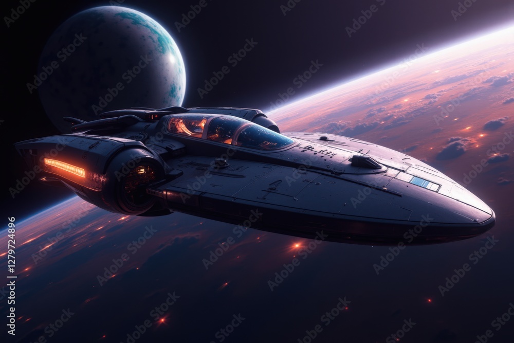 An Impressive Futuristic Starship Hovers in Space Above a Distant Planet, Showcasing Advanced Design and Stellar Environments An Impressive Futuristic Starship Hovers in Space Above a Distant Planet, Showcasing Advanced Design and Stellar Environments