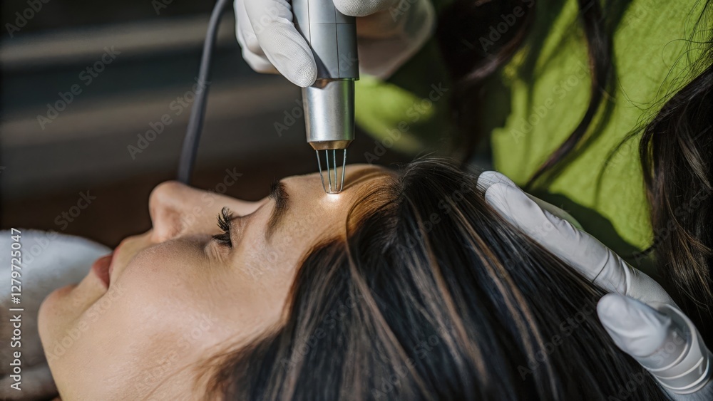Fototapeta premium tiny microneedles gently glide over her skin highlighting the advanced technology in use.