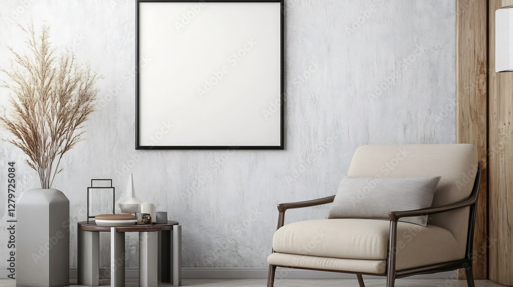 Modern design featuring ISO A size framed wall poster above a beige armchair accompanied by sleek and simple decor Modern design featuring ISO A size framed wall poster above a beige armchair accompanied by sleek and simple decor