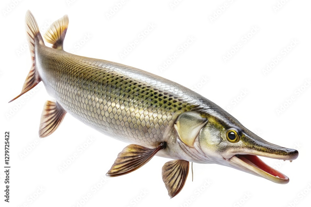 A stunning, high-resolution image: a platinum alligator gar, isolated against a white background, in architectural style.