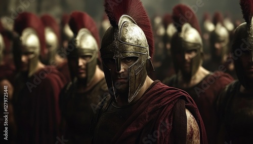 Portrait of a formidable spartan phalanx prepares for battle their bronze helmets gleaming under the dim light