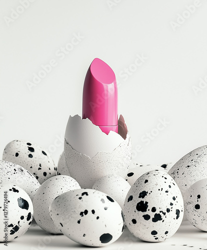 A pink lipstick emerges from an eggshell, surrounded by other black-spotted eggs.Minimal creative Easter holiday food and make up concept.copy space,flat lay 