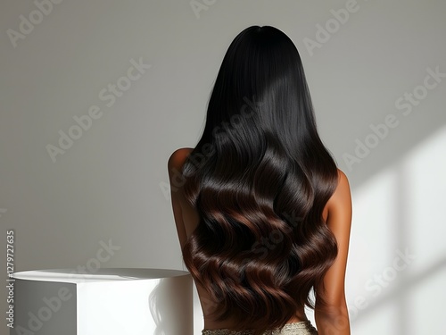 Shiny long wavy black hair with subtle brown balayage, back view of elegant hairstyle, perfect for hair extensions ads
