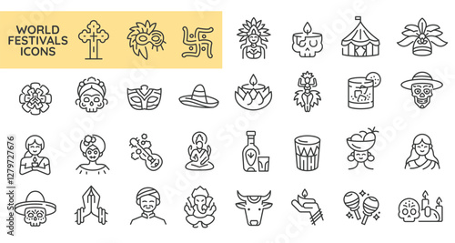 World Festival icons. Set of 31 festival trendy minimal icons. Example: Mask, Dancer, Costume, Parrot, Cocktail icon. Design signs for web page, mobile app, packaging design. Vector illustration