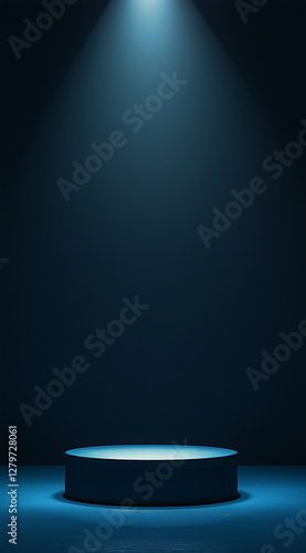 A spotlight shines on an empty podium against a dark blue background, creating an empty, dark scene in the studio room with a night view.