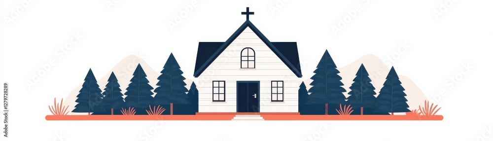 Obraz premium Charming Minimalist Church Surrounded by Lush Evergreen Trees and Mountains in a Serene Landscape