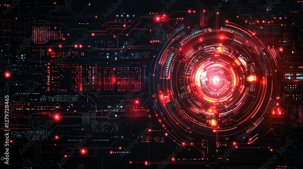 Obraz premium Futuristic cybernetic interface with glowing circuits and data streams