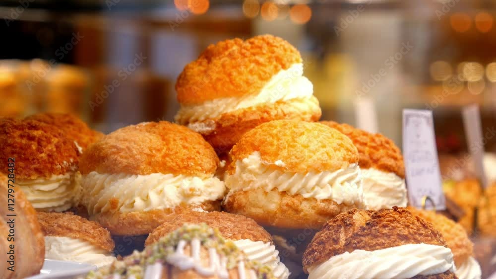 Delicious cream-filled pastries displayed in a bakery Delicious cream-filled pastries displayed in a bakery
