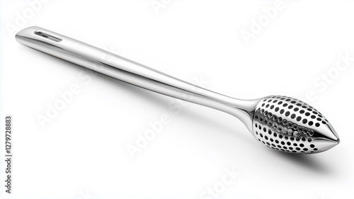 Ultra-realistic image of a stainless steel citrus reamer with a polished handle, isolated on a white background
