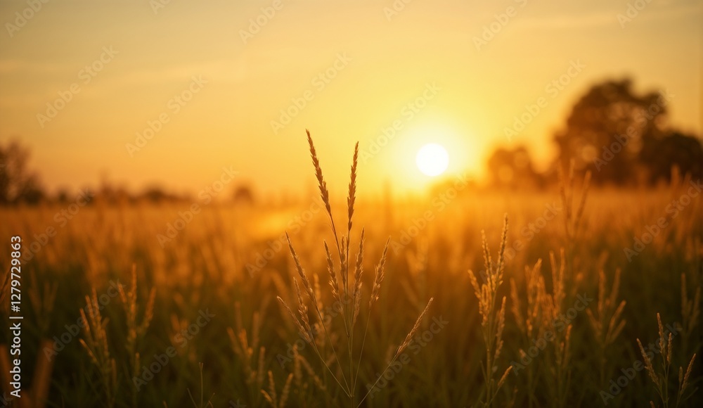 Golden sunlit meadow at sunset with tall grasses swaying in the breeze Golden sunlit meadow at sunset with tall grasses swaying in the breeze