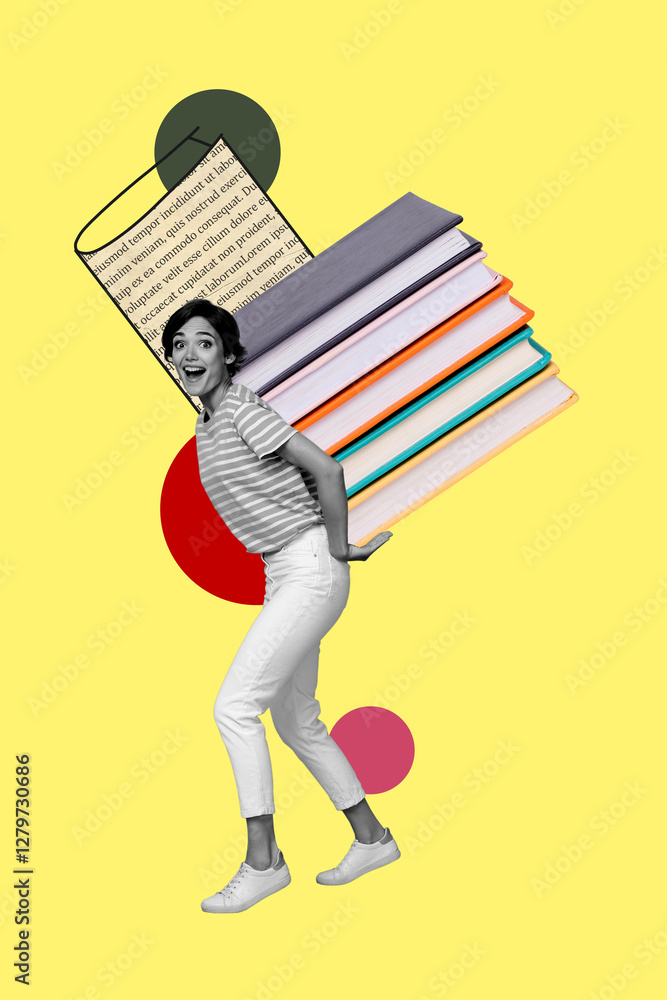 Fototapeta premium 3D collage design composite trend artwork sketch of textbook student study education learn young lady walk hand hold pile book carry smile