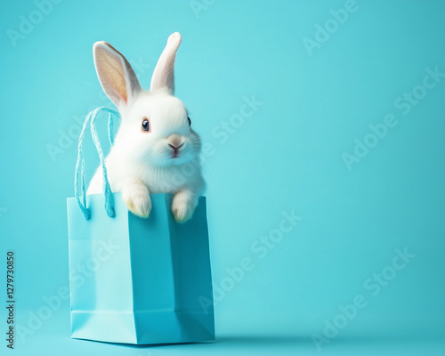 A white rabbit peeks out of a blue gift bag against a pastel background, with copy space for text and a banner featuring free space for product advertising.