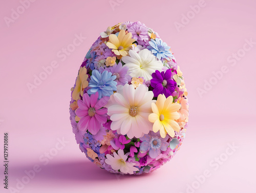 A floating Easter egg made of colorful spring flowers on a pink background, with ample copy space for text, embodying a minimalist Easter concept and banner design.