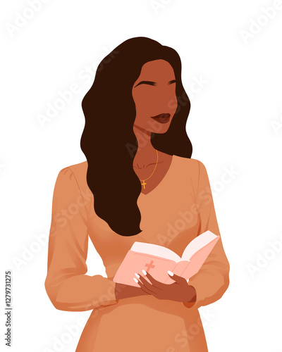 Minimalist Illustration of an African American Woman Holding a Bible and Wearing a Cross Necklace in a Modern Art Style