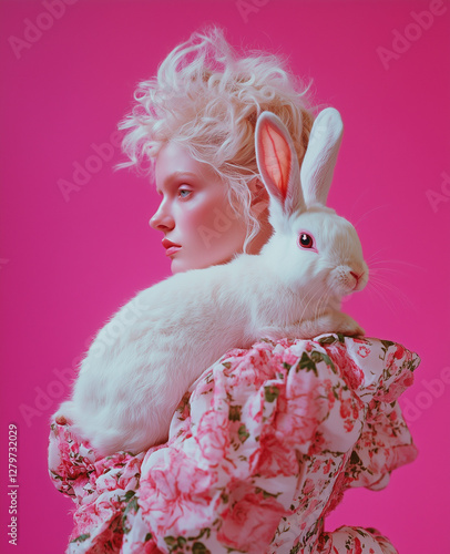 An eccentric blonde woman wearing floral clothing, holding a large bunny against a unique, empty pink background.Minimal creative Easter fashion advertise concept with copy space.