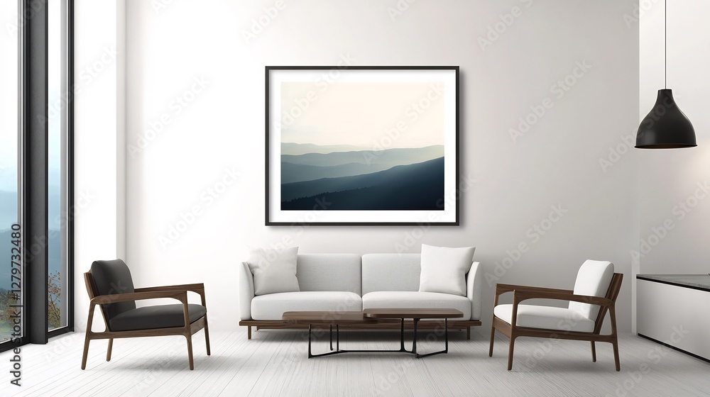 Fototapeta premium Modern wall art a minimalist living room featuring a framed ISO A poster enhancing the clean lines and modern furniture