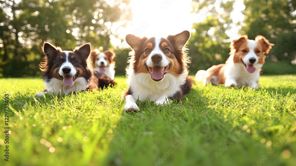 Group of Happy Dogs Enjoying a Sunny Day on Green Grass Group of Happy Dogs Enjoying a Sunny Day on Green Grass