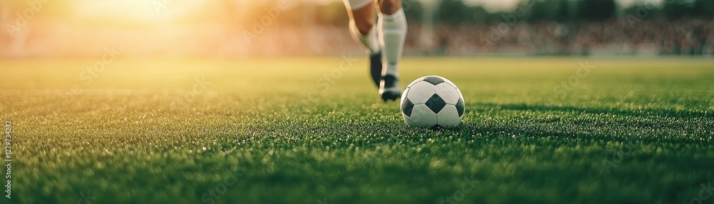 Soccer Player Running Towards Ball on Green Field During Golden Hour with Soft Sunlight in Background Soccer Player Running Towards Ball on Green Field During Golden Hour with Soft Sunlight in Background