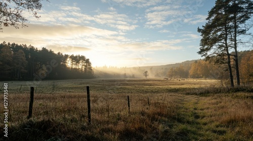 Fototapeta Naklejka Na Ścianę i Meble -  A hunterly moment of quiet anticipation as the sun rises over a hunting ground