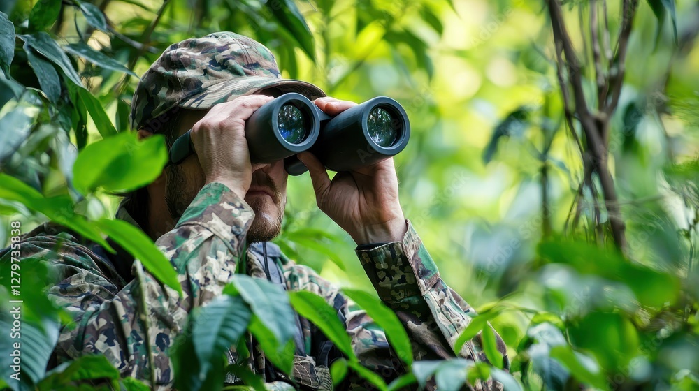 Fototapeta premium A hunter in camouflage gear observing wildlife with binoculars in a dense forest