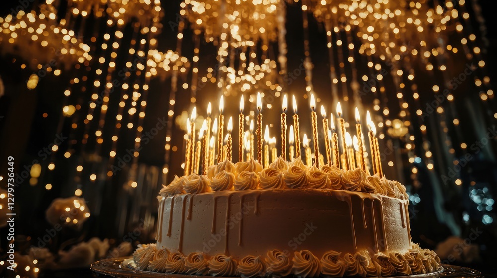 Obraz premium A hundred candles glowing brightly on a large birthday cake in a festive atmosphere