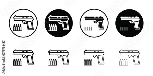 Gun with ammunition icon Black line art vector logo set