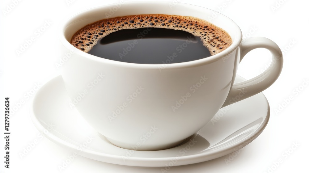 Black Coffee in a White Ceramic Cup with Saucer on Bright Background Black Coffee in a White Ceramic Cup with Saucer on Bright Background