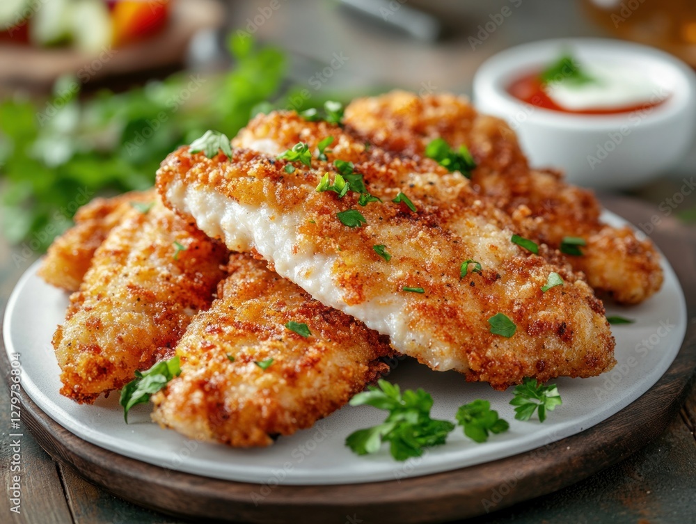 Crispy fried fish fillets on a plate, garnished with parsley, alongside a side of vegetables. Possible use Food photography for a recipe or restaurant menu Crispy fried fish fillets on a plate, garnished with parsley, alongside a side of vegetables. Possible use Food photography for a recipe or restaurant menu