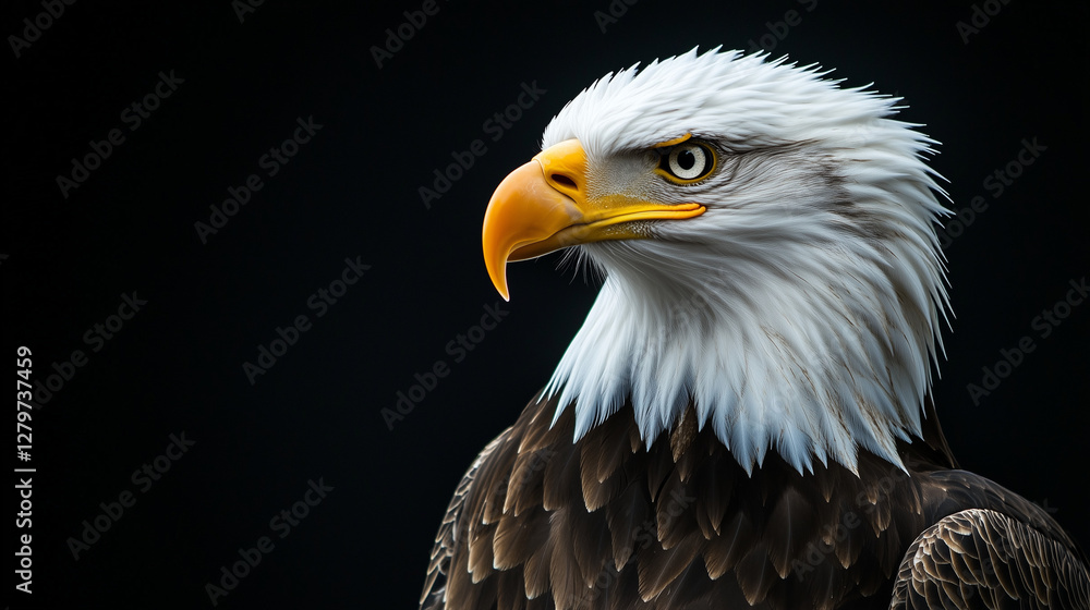 Obraz premium Close-Up Portrait of a Bald Eagle: Striking White Feathers and Intense Gaze Set Against a Bold Black Background, Highlighting the Majesty and Power of This Iconic Bird of Prey