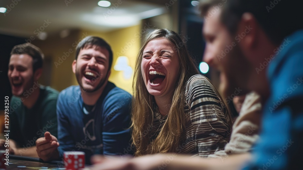 A group of friends laughing hysterically during a game night, captured in a candid moment. A group of friends laughing hysterically during a game night, captured in a candid moment.