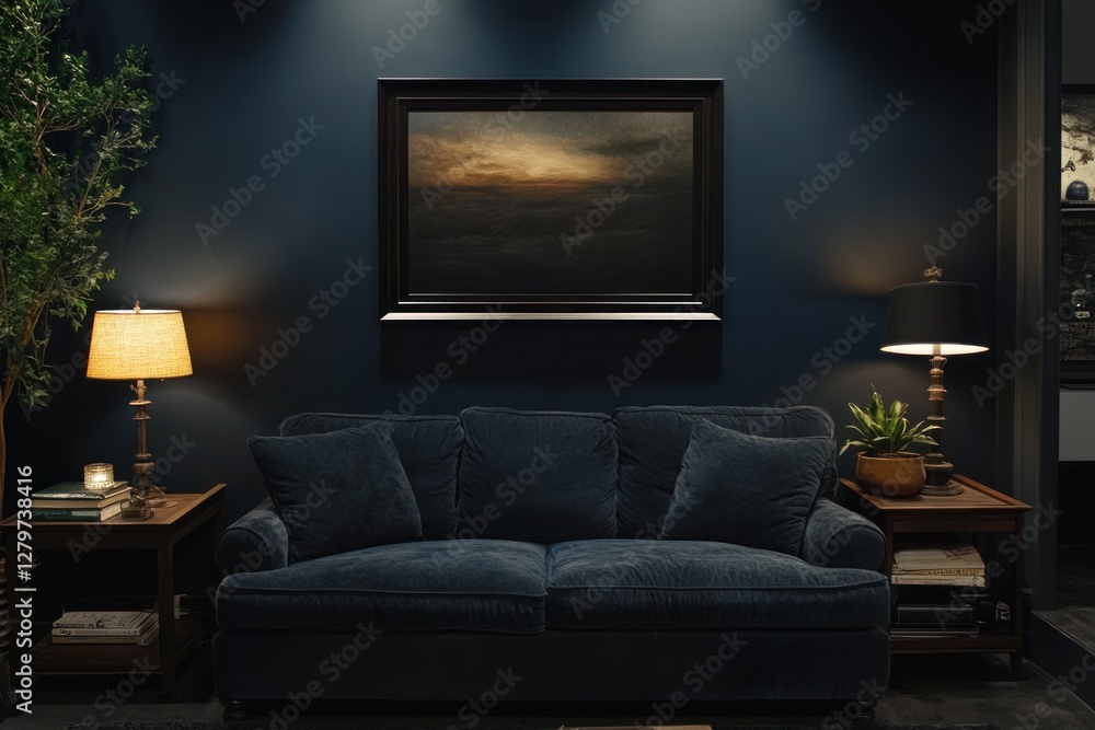 Dark living room with painting, cozy interior, relaxation Dark living room with painting, cozy interior, relaxation
