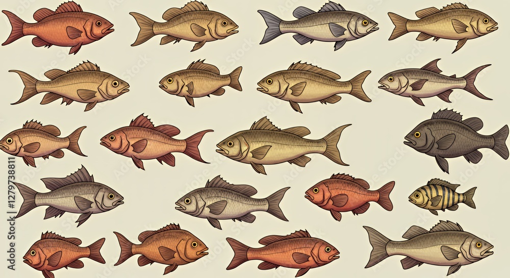 A collection of illustrated fish in various colors and styles, likely for educational or decorative use. A collection of illustrated fish in various colors and styles, likely for educational or decorative use.