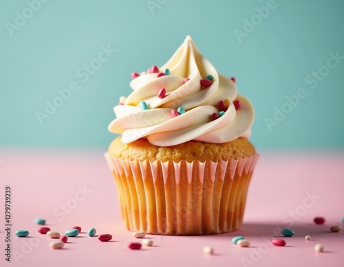 Delicious Birthday Cupcake with Sprinkles on Pink Background
