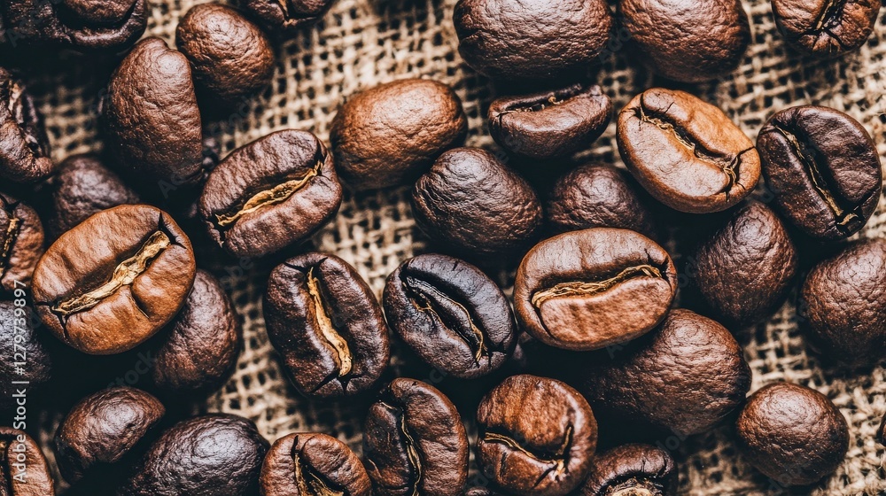 Close-Up View of Various Coffee Beans on Natural Burlap Background Close-Up View of Various Coffee Beans on Natural Burlap Background