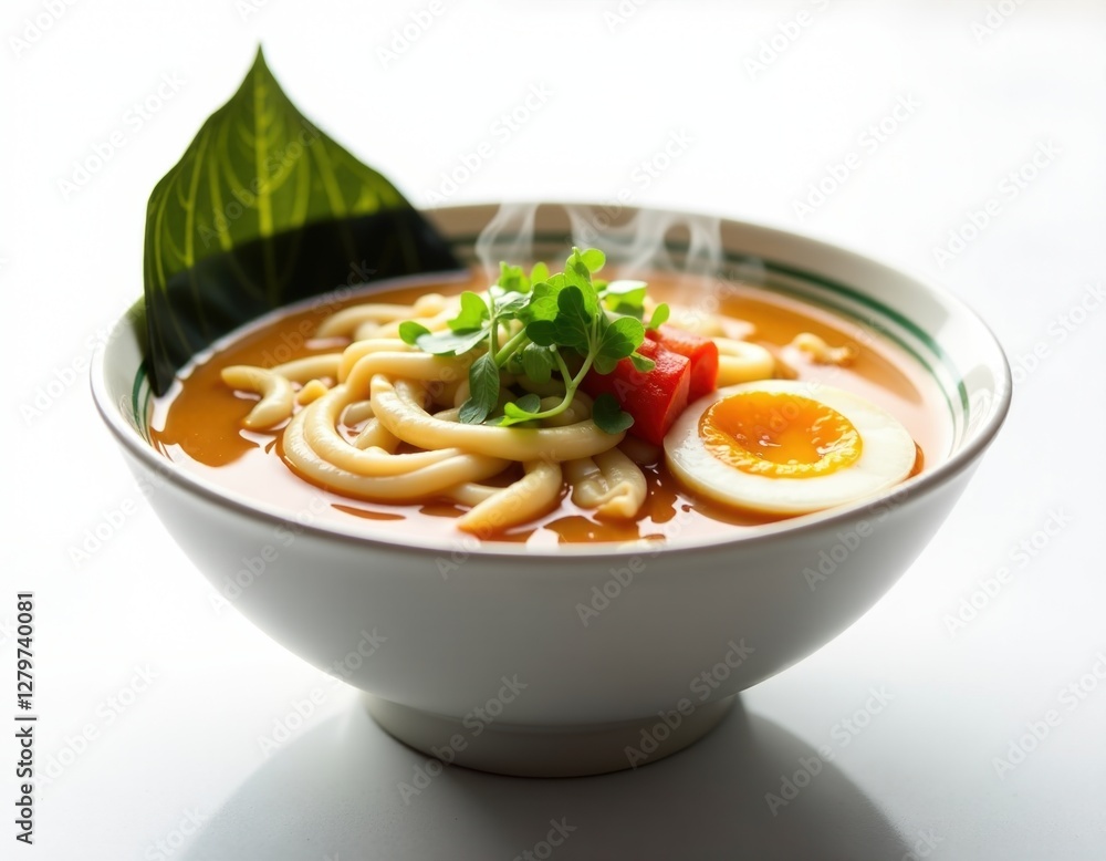 Delicious Udon Noodle Soup with Soft Boiled Egg and Garnish Delicious Udon Noodle Soup with Soft Boiled Egg and Garnish