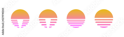 Retro sunset or sunrise 1980s style. Retrowave sun collection. Retro sun 80s neon sunset vintage design. Cyberpunk sun, sunset, sunrise.