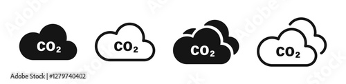 Cloud co2 reduction vector icons. Reduce co2 gas icon set. Carbon reduction cloud sign. CO2 icons.
