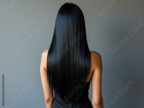 Woman with perfect long straight black hair, back view of woman with shiny straight hairstyle