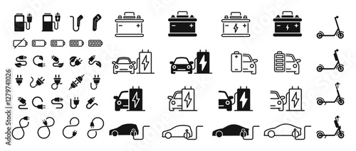 Auto accumulator recharging. Electric car charge station icons. Electric car icon set. Electromobile charging station.