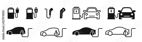 Electric car on charging station. Electric car with plug icons