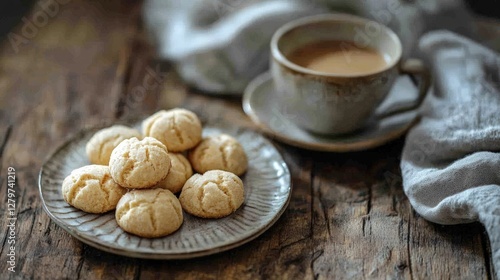 Plate Of Cookies And Cup Of Tea On A Wooden Table With Soft Cloth In Warm Atmosphere