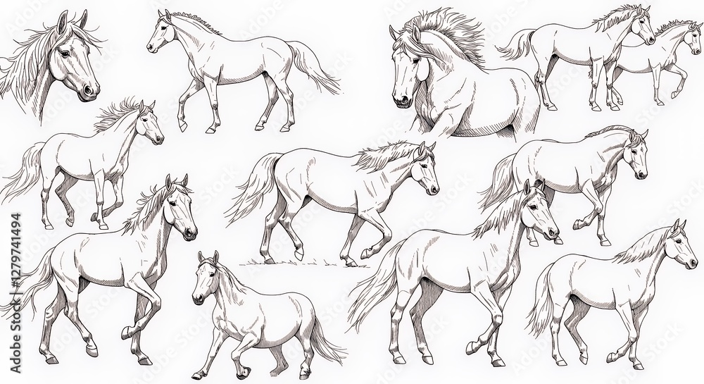 A collection of horse illustrations showcasing various poses and movements. A collection of horse illustrations showcasing various poses and movements.