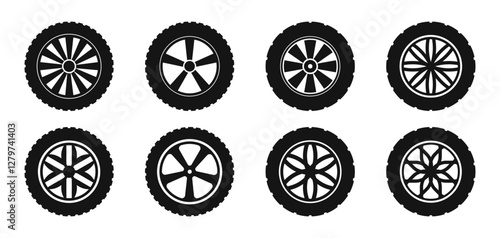 Car wheel icons. Wheel tires. Tires, wheel disks. Car wheel silhouettes. Car wheels