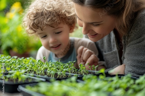 Professional photo of a child and an adult together planting microgreen seeds in trays, conveying educational value and family bonding through gardening