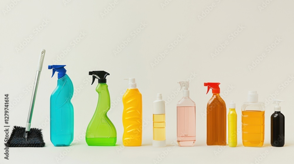 A set of cleaning supplies like mops, sprays, and gloves ready for housecleaning A set of cleaning supplies like mops, sprays, and gloves ready for housecleaning