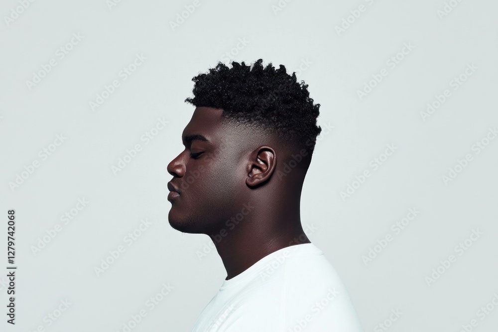 Obraz premium Profile shot of a young Black man with a stylish haircut, wearing a white t shirt, exuding confidence and calmness, perfect for lifestyle and beauty concepts