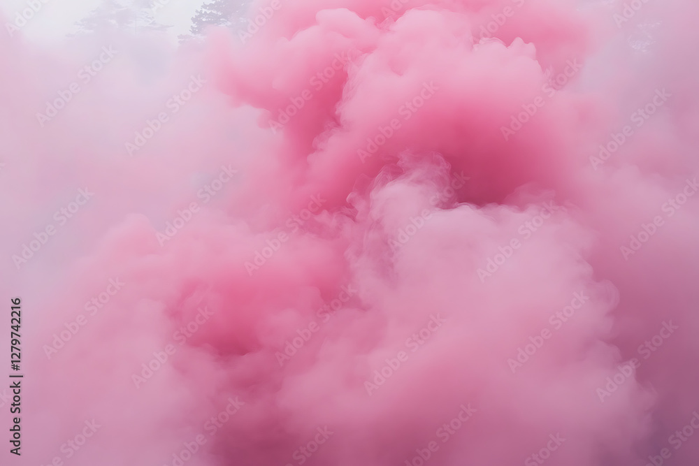 Fototapeta premium A dense cloud of pink smoke fills the air, creating a vibrant and surreal atmosphere.